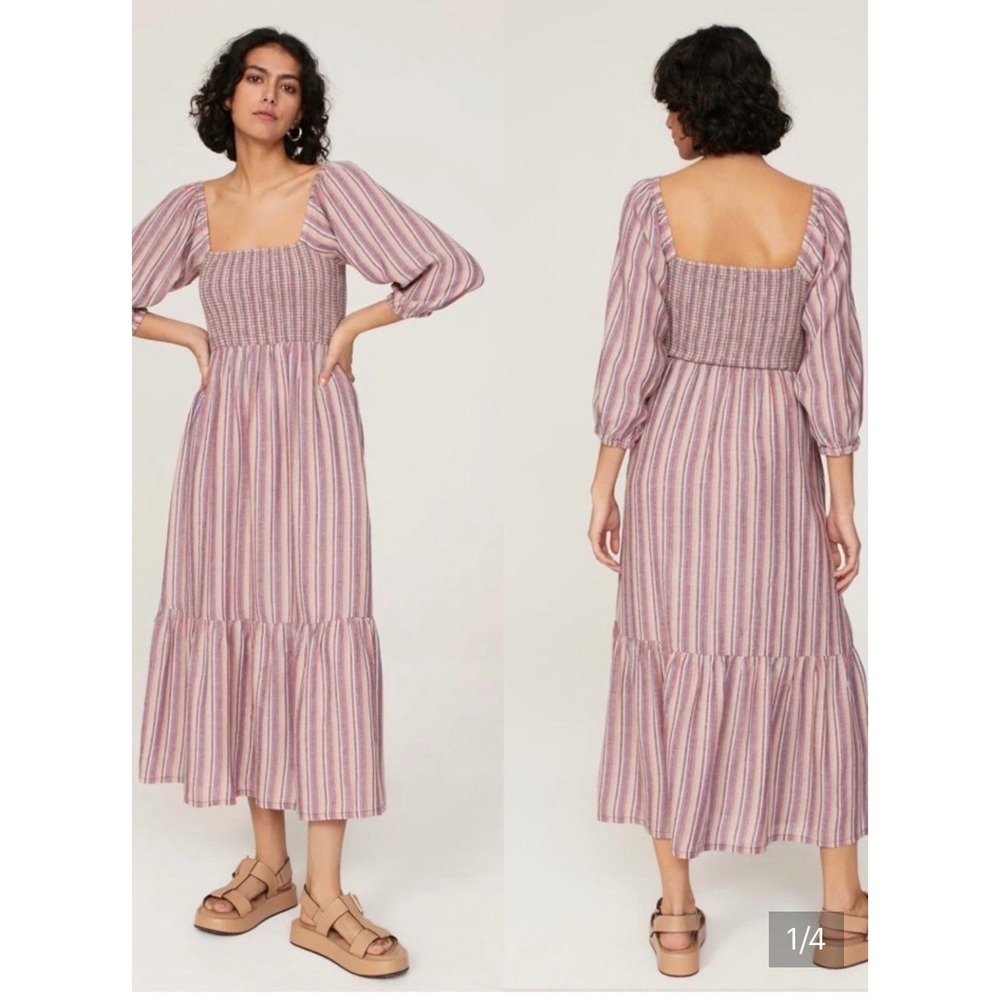 Marine Layer Maxi Dress Women Medium Multi Stripe Smocked Tiered Boho Lined